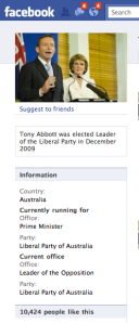 Tony Abbott Facebook Page shows he has 10,424 friends